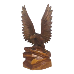Vintage Carved Wood Eagle Bird Figurine, Man Cave Decor, Hawk Carving, Eagle Small Handmade Wooden Base Bird Sculpture