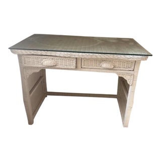 Vintage Pier 1 Imports White Wicker Desk W/ Fitted Glass Top – Coastal Core For Sale