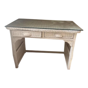 Vintage Pier 1 Imports White Wicker Desk W/ Fitted Glass Top – Coastal Core