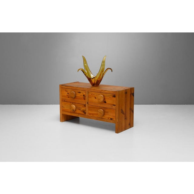 Late 20th Century low pine set of drawers, two over two. Solid pine construction. Sweden circa 1970s.