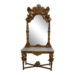 Italian Marble Top Gold Console & Mirror W. Cherubs For Sale