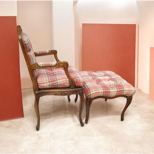 Vintage Walnut French Provincial Armchair & Ottoman Set in Rich Plaid Upholstery For Sale In Raleigh - Image 6 of 12
