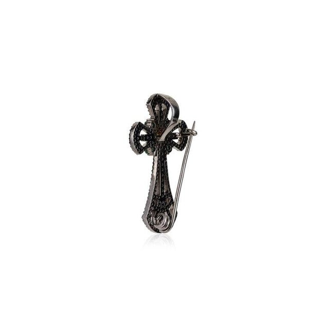 Vintage Inspired Statement Silver Cross Brooch Pendant With Emerald & Diamond For Sale - Image 6 of 14