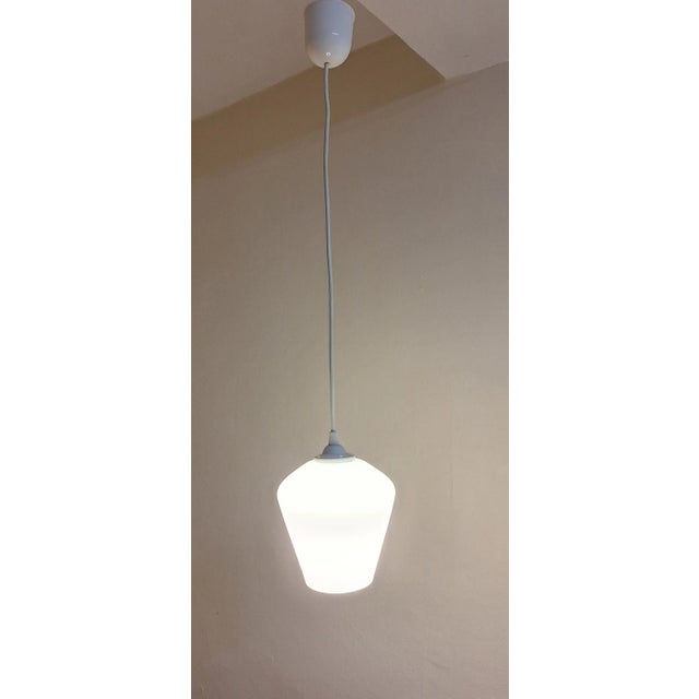Glass Vintage Ceiling Lamp with White Lined Glass Shade on White Plastic Mount, 1970s For Sale - Image 7 of 7