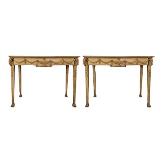 Pair of Italian Neoclassical Carved Wood Console Tables With Swag Anf Urn Motif For Sale