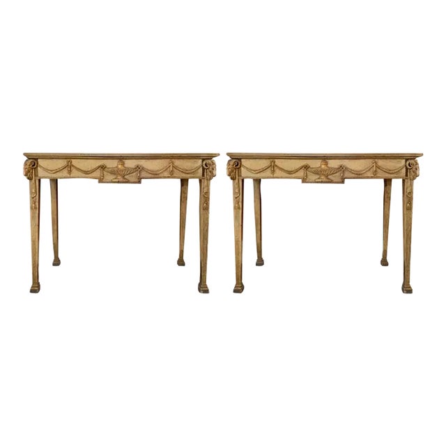 Pair of Italian Neoclassical Carved Wood Console Tables With Swag Anf Urn Motif For Sale