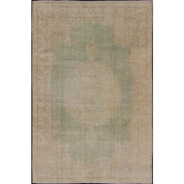 Distressed Turkish Rug With Floral Medallion in Light Green, Tan and Taupe For Sale - Image 13 of 13