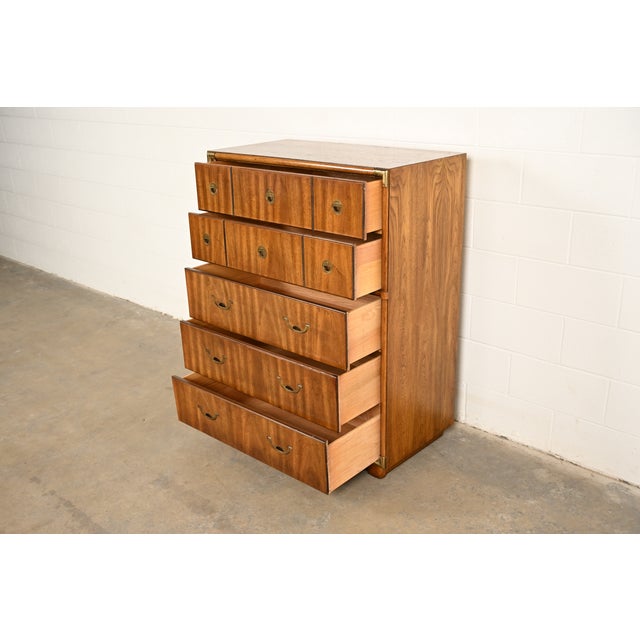 Drexel Heritage Mid-Century Modern Hollywood Regency Campaign Walnut Highboy Dresser, 1970s For Sale In South Bend - Image 6 of 15