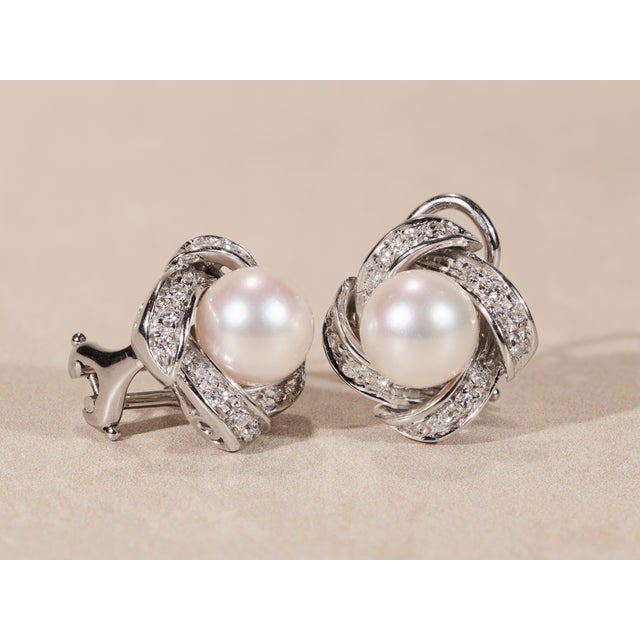 Metal The Beach Plum: White Gold Pearl and Diamond Ear Clips, 2 Pieces For Sale - Image 7 of 11