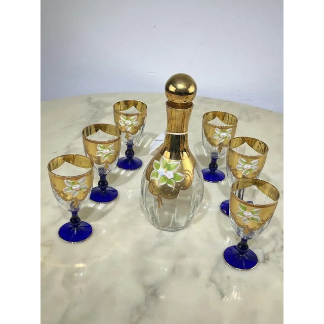 Bottle and Glasses in Hand-Painted Murano Glass & 24kt Gold, Italy, 1970s, Set of 7 For Sale - Image 11 of 12