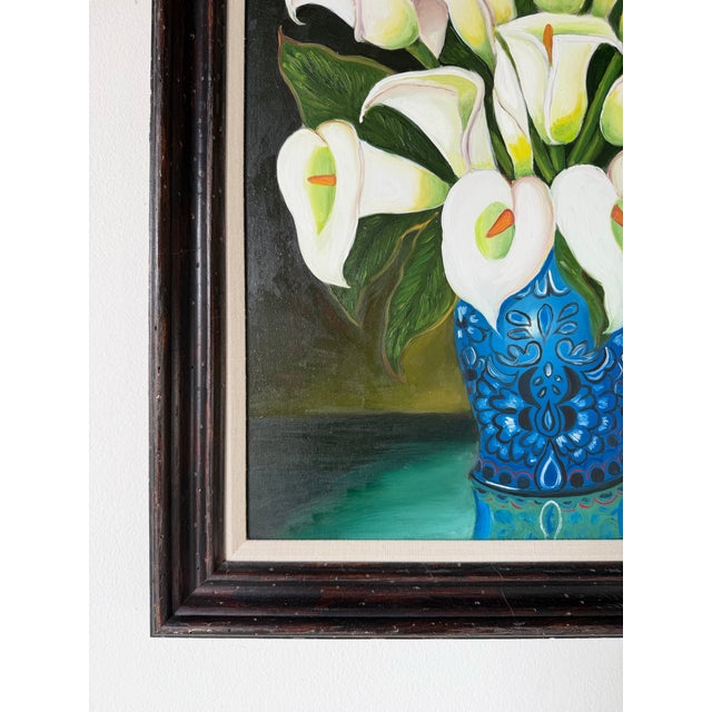 Green Vintage Graceli Mendoza Calla Lilies - Folk Art Oil on Board Painting, Wood Framed For Sale - Image 8 of 12