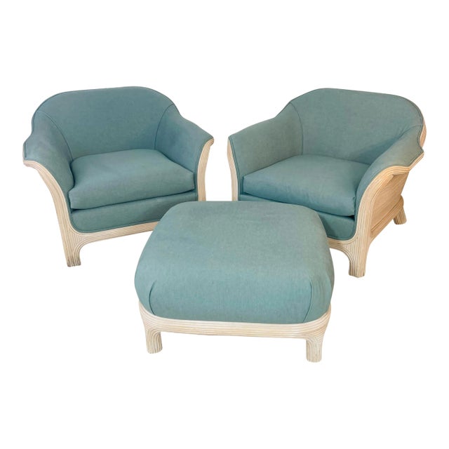 Vintage Coastal Pencil Reed Set, Chairs and Ottoman - 3 Pieces For Sale