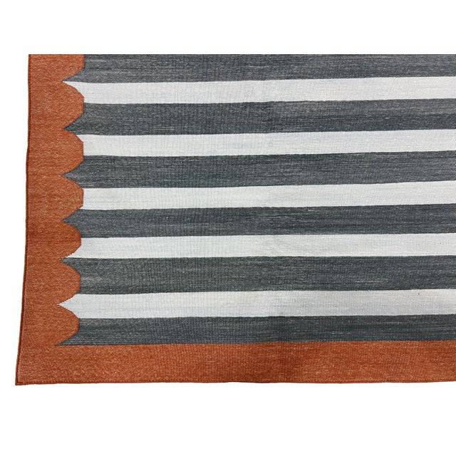 Handmade Cotton Area Rug, Vegetable Dyed, Sky Blue, Gray and Terracotta Striped Dhurrie -8'x12' For Sale - Image 13 of 13