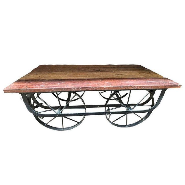 1990s Industrial Iron & Wood Railroad Style Rolling Trolly Cart Coffee Table For Sale - Image 4 of 7