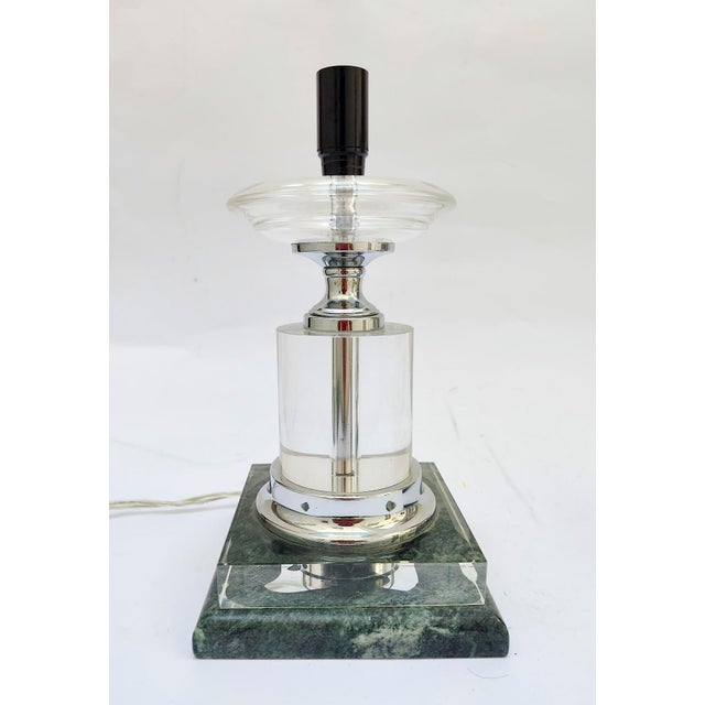 Pair of table lamps Vintage, circa 1940s, Art Deco No markings or stickers Green marble base, cylindrical structure on a...