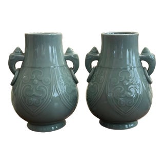 Late Qing Dynasty / Early Republic Chinese Hu Form Celadon Glaze Vases - a Pair For Sale