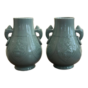 Late Qing Dynasty / Early Republic Chinese Hu Form Celadon Glaze Vases - a Pair