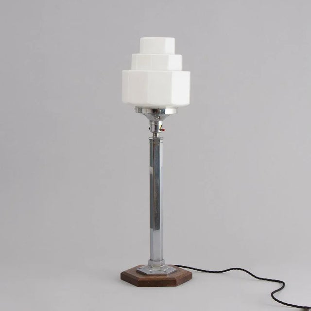 Silver British Art Deco Table Lamp on Hexagonal Base with Opal Skyscraper Shade, 1930 For Sale - Image 8 of 8