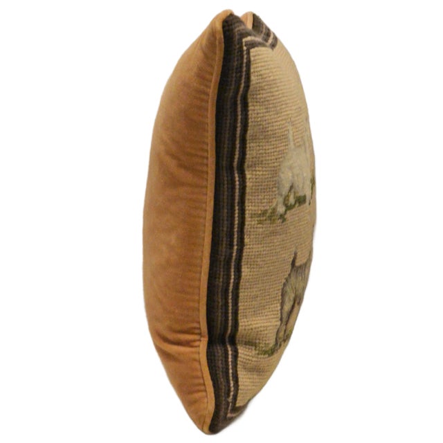 Beige Vintage Hand-Stitched Wool Needlepoint Four Terrier Dog Pillow For Sale - Image 8 of 9