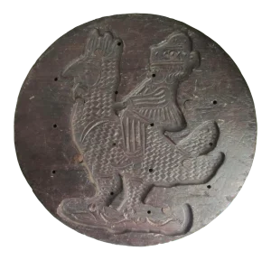 Antique Hand-Carved Butter or Cheese Mold With a Man Riding a Rooster Design
