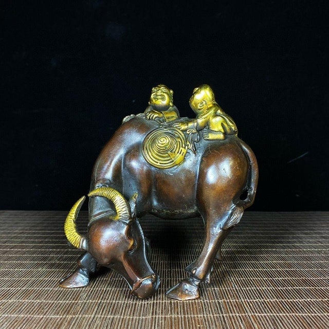 Metal Vintage Gilt Bronze Buffalo With Boys Figure - Two Herders on Ox Sculpture For Sale - Image 7 of 9