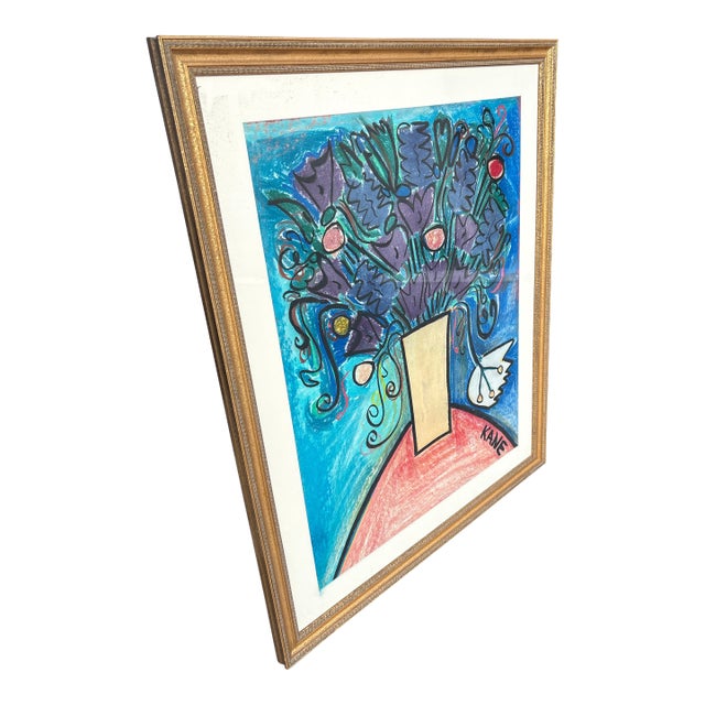 1980s Large Original Bob Paul Kane Floral Still Life Mixed Media Painting - Framed For Sale