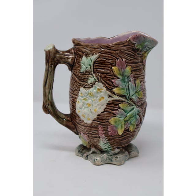 Antique English Majolica Rustic Floral Tree Bark Pitcher, Attributed to Shorter & Boulton For Sale - Image 10 of 18