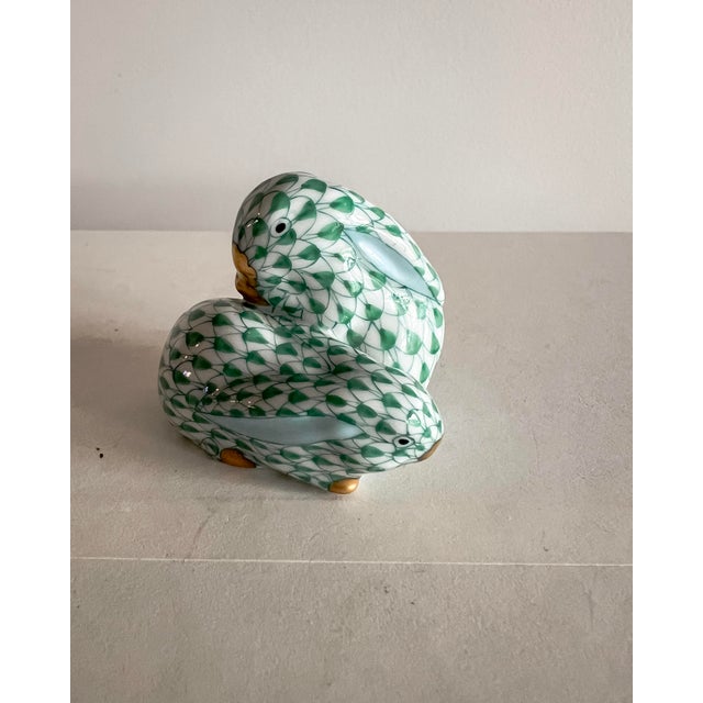 Green Herend Hand-Painted Green Fishnet Bunny Couple Figurine, Hungary, Late 20th Century For Sale - Image 8 of 10