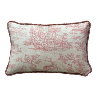 Vintage Country Hand-Printed Paprika Red Toile Rectangle Lumbar Pillow With Down Feather Insert For Sale