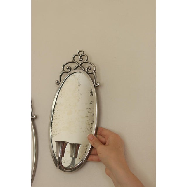 Mid-Century Swedish Pewter Sconces with Mirror by Svenskt - Tenn, Set of 2 For Sale - Image 9 of 13