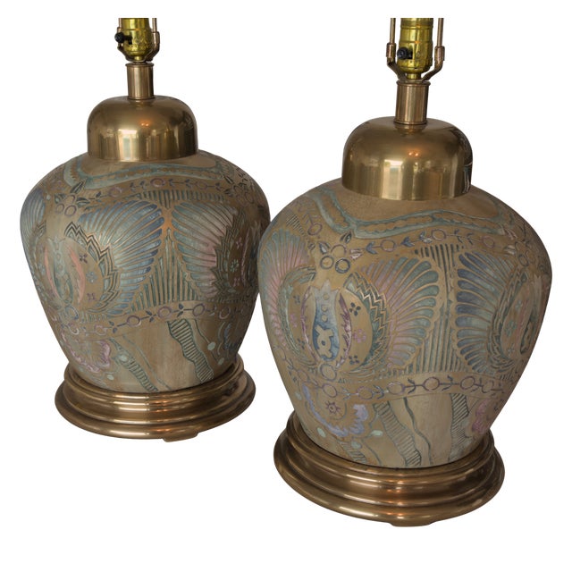 Art Deco Mid 20th Century Frederick Cooper Ginger Jar Lamps With Brass Hardware - a Pair For Sale - Image 3 of 6