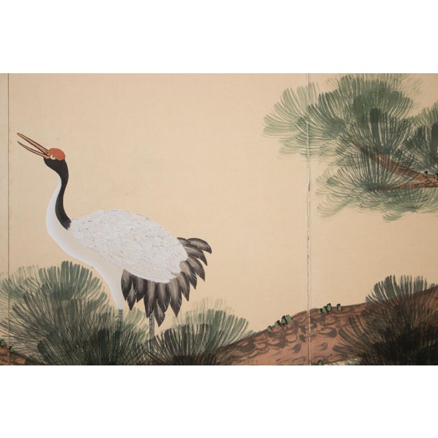Wood C. 1970s Chinese Painted Folding Screen "Big Old Pine Tree and Two Cranes" For Sale - Image 7 of 14
