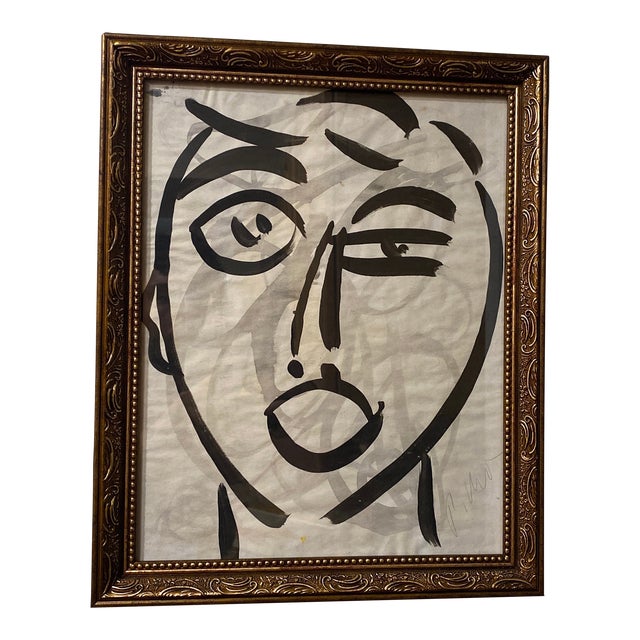 1970s Peter Keil Original Black & White Abstract Portrait Painting, Framed For Sale