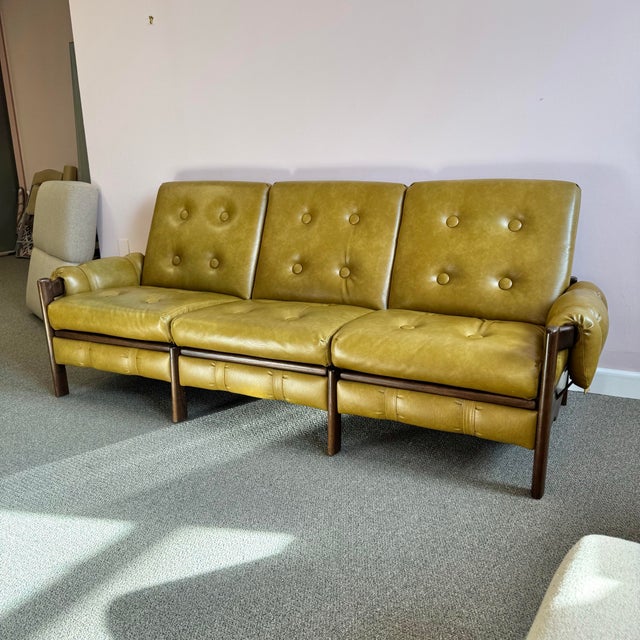 Wood Vintage Olive Colored Vinyl and Walnut Three Seater Sofa For Sale - Image 7 of 12