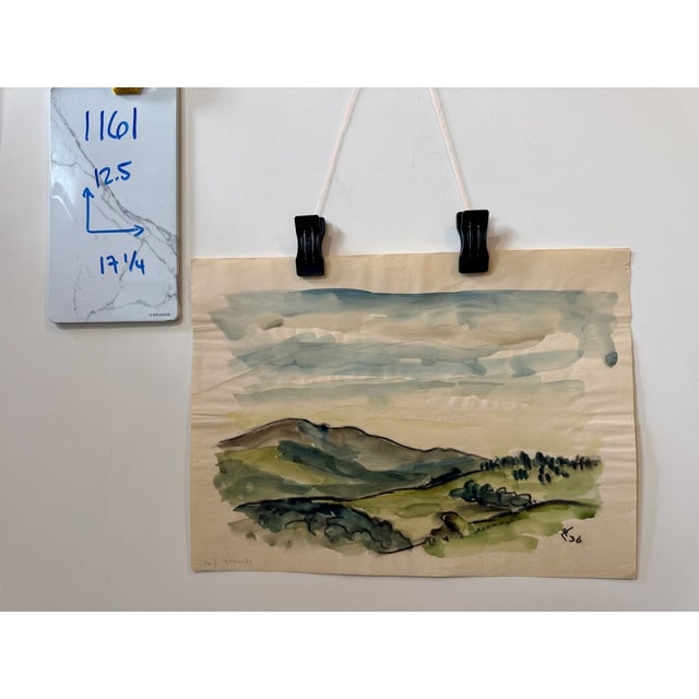 Green Henry Emil Salloch Original Watercolor on Paper Rolling Hillside Landscape, 1936. For Sale - Image 8 of 8