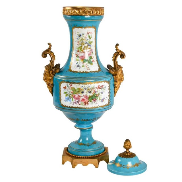 Monumental French Sèvres Style Turquoise Porcelain Urn With Ormolu Mounts For Sale - Image 4 of 12