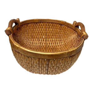 Late 20th Century Vintage Large Hand Woven Vintage Round Willow Rice Basket With Wooden Handles