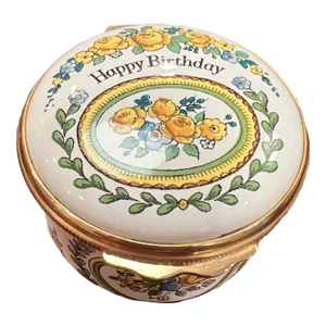 1980s Halcyon Days Enamel Box, Happy Birthday, English