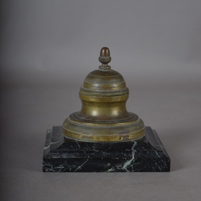 Gold Antique 19th Century Bronze Inkwell with Hinged Lid on Marble Base For Sale - Image 8 of 10
