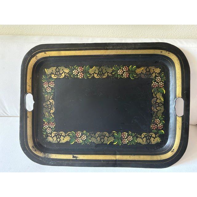 Farmhouse Antique Folk Art Black and Gold Tole Metal Tray For Sale - Image 3 of 11