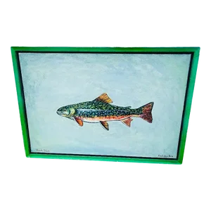 Late 20th Century Brook Trout Oil on Canvas Painting Signed Maria Reyes Jones