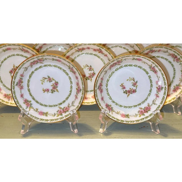Set of 10 Antique Limoges Bowls, GDA France & Ch. Field Haviland, ca. 1900–1940s. The pattern is Green Laurel, Pink Flower...