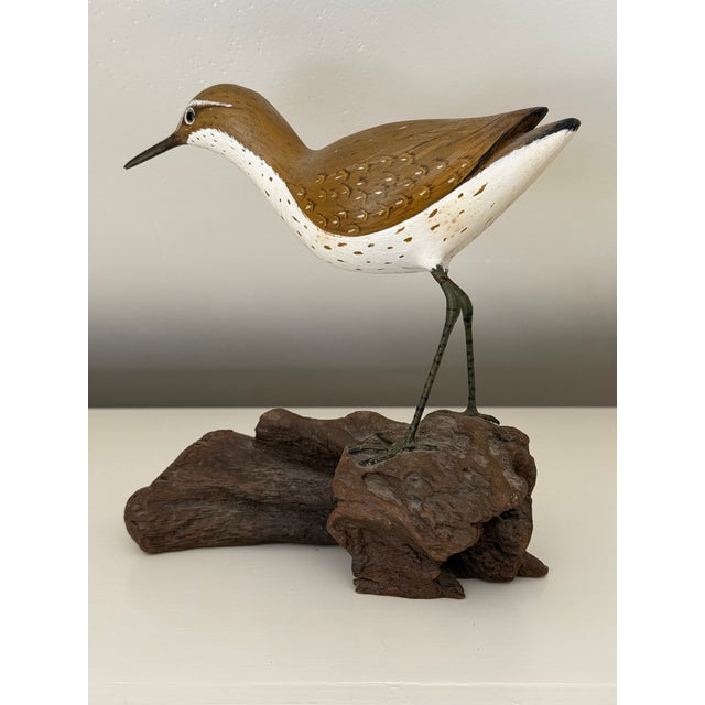 This vintage hand carved sandpiper shorebird sculpture by Gud Mirando is a unique piece of folk art from Nantucket in the...