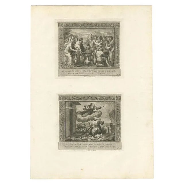 Large antique print with two religious engravings. The upper image depicts the The Meeting between Abraham and...