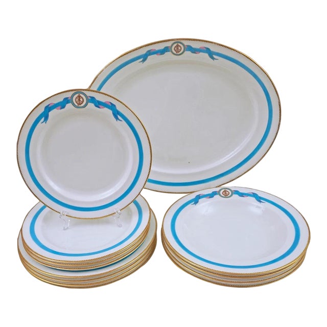 19th Century English Dinnerware Set for Four Place Settings + Serving Platter Turquoise Enamel Porcelain Pellat- 13 Pieces For Sale