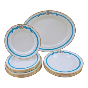 19th Century English Dinnerware Set for Four Place Settings + Serving Platter Turquoise Enamel Porcelain Pellat- 13 Pieces