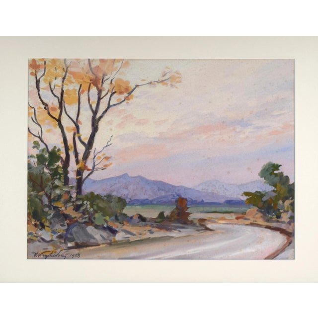 Vintage impressionist watercolor painting of a landscape at sunset. Signed indistinctly and dated 1958 lower left....