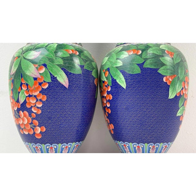 Pair of Chinese Cloisonne Enamel Vases Blue Ground With Red Berries For Sale - Image 12 of 12