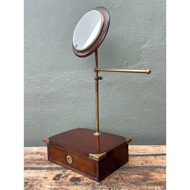 Vintage Brass and Wood Campaign Vanity Mirror For Sale - Image 11 of 12
