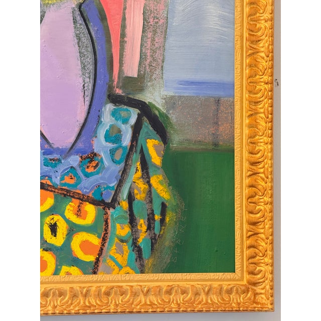 Expressive still life painting by James Brewer featuring a vase of abstracted flowers on a boldly patterned cloth. Rich in...